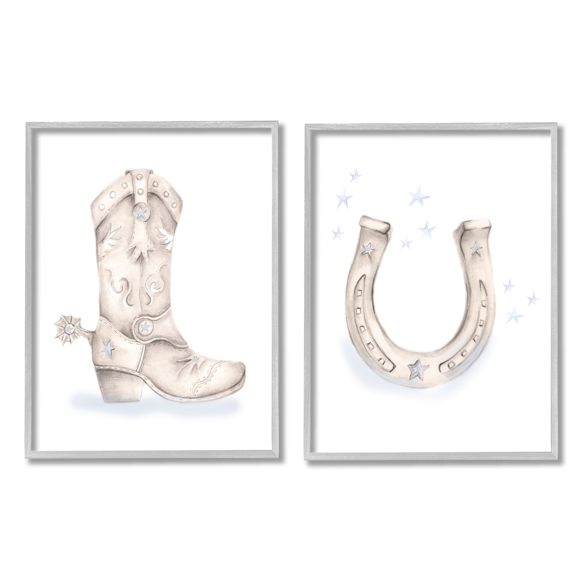 Stupell Industries Western Cowboy Boot Horseshoe Blue Stars Spur Graphic Art Gray Framed Art Print Wall Art, Set of 2, Design by Studio Q