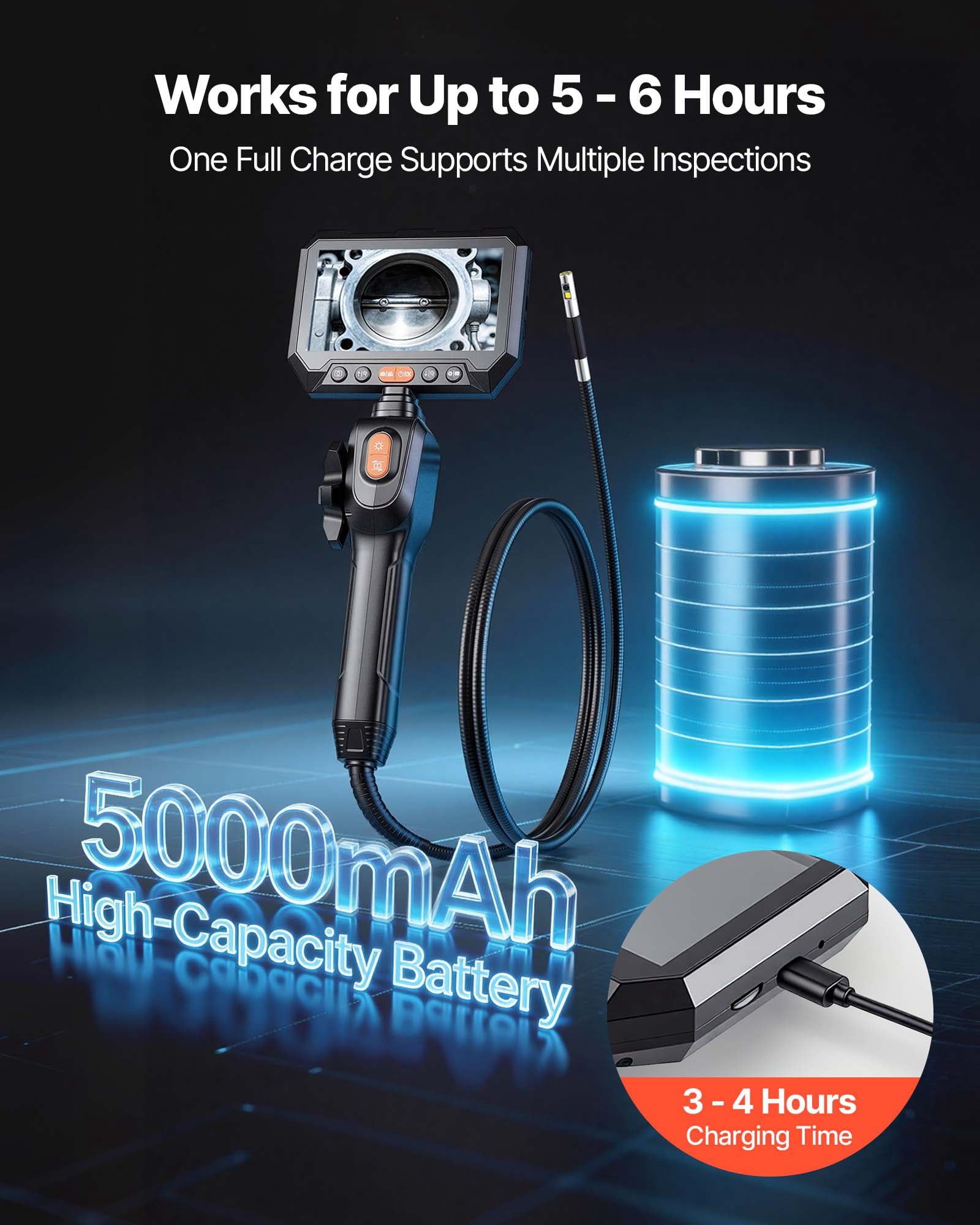 VEVOR 2-Way Dual-Lens Articulating Endoscope with Light, 1080P HD Industrial Borescope Inspection Camera with 0.24-inch Slim Articulated Probe, Rigid Snake Scope Cam for Wall Automotive Inspect-4.9FT