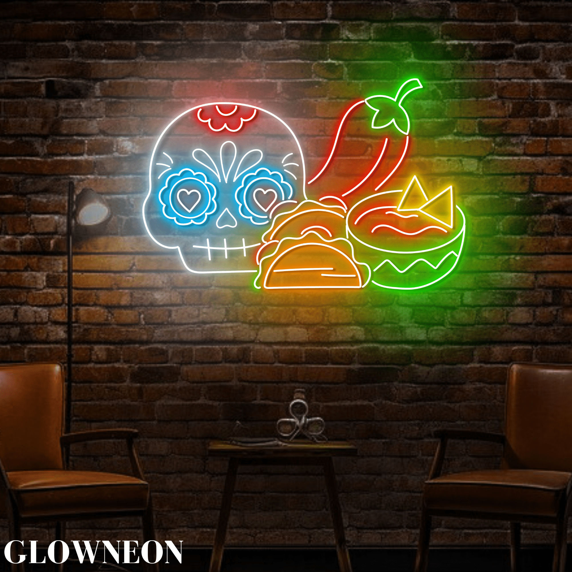 Glowneon Skull Mexican Food Neon Sign, Mexican Taco Nacho Diner Decor