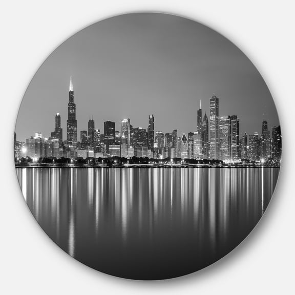 Designart Chicago Skyline at Night Black and White' Ultra Glossy Cityscape Circle Wall Art