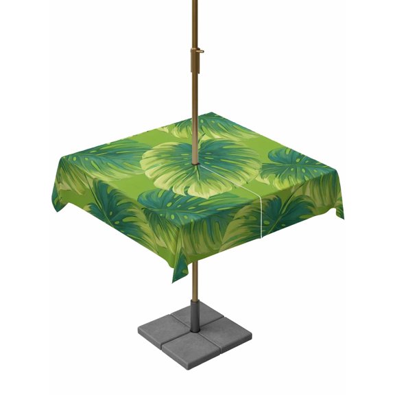 Square Outdoor Tablecloth with Umbrella Hole Tropical Palm Tree Table Cloth Waterproof Patio Table Cover Green Leaves Summer Coastal Plants Zipper Tablecloths for Picnic Party Camping 54x54 Inch