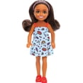thumbnail image 1 of Barbie Chelsea Doll, Small Doll Wearing Removable Blue Dress with Colorful Print & Pink Shoes, Brown Hair & Green Eyes, 1 of 5
