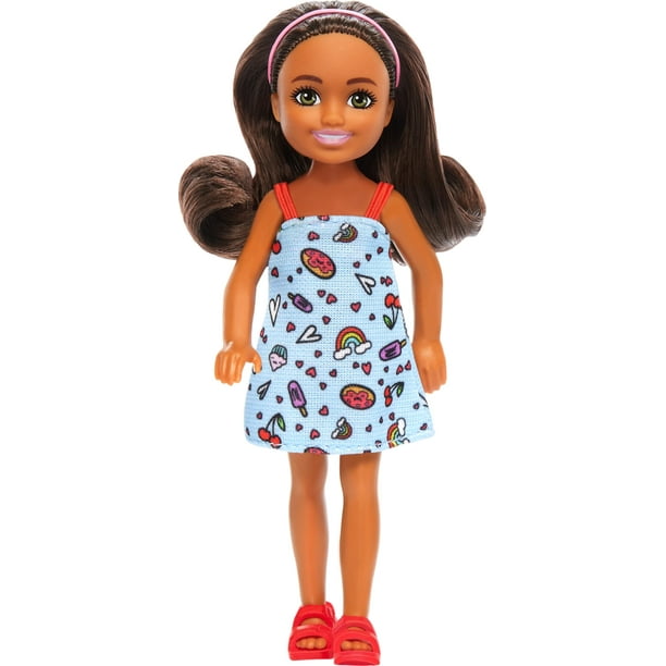Barbie Chelsea Doll, Small Doll Wearing Removable Blue Dress with Colorful Print & Pink Shoes, Brown Hair & Green Eyes