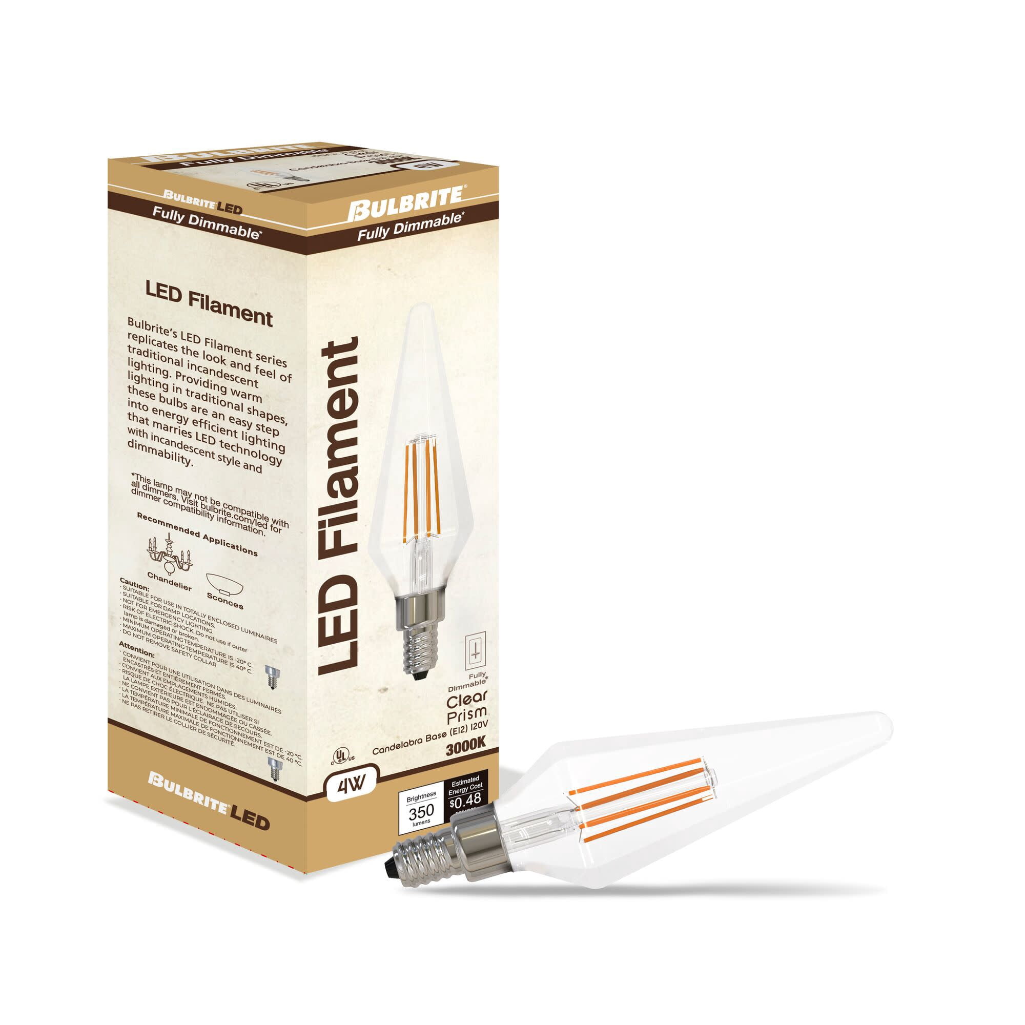 Bulbrite 862861 3000K 350 Lumen 4 watt LED Filament Dimmable Prism Light Bulbs with a Clear & Candelabra E12 Base, Soft White - Pack of 4