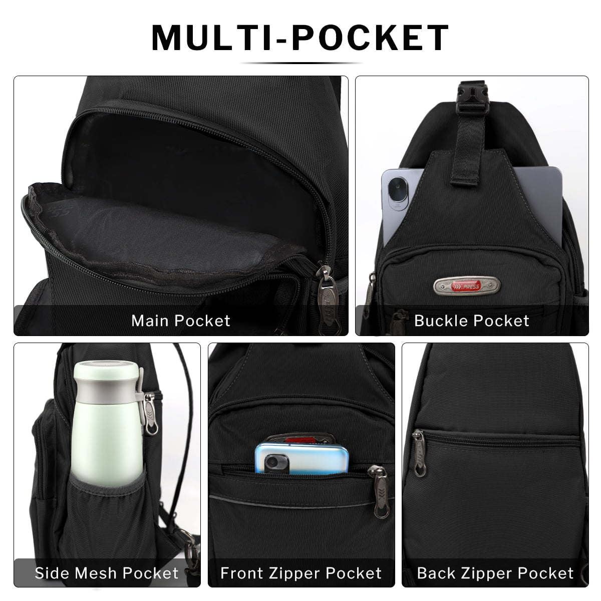 Sling Bags for Men Women Crossbody Small Sling Backpack with Single Double Shoulder Lightweight Over Shoulder Bag for Daily Travel Use,8610-Black