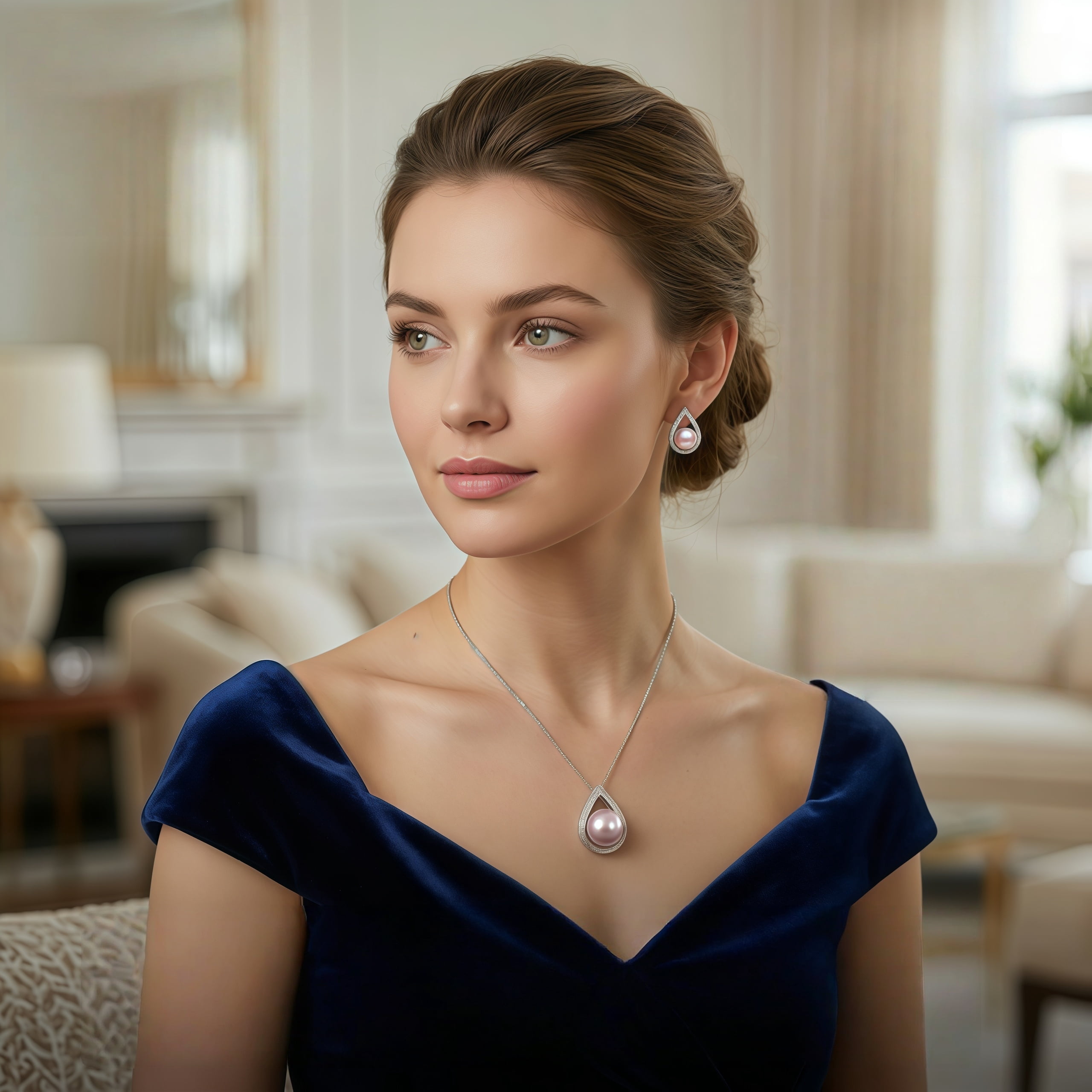 Bamiki Pink Pearl Necklace and Earrings Set | 925 Sterling Silver Jewelry Set with Pearl Pendant and Stud Valentine's Day Gift