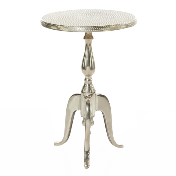 DecMode 15" x 22" Silver Aluminum Metal Small Hammered Accent Table with Scroll Legs, 1-Piece