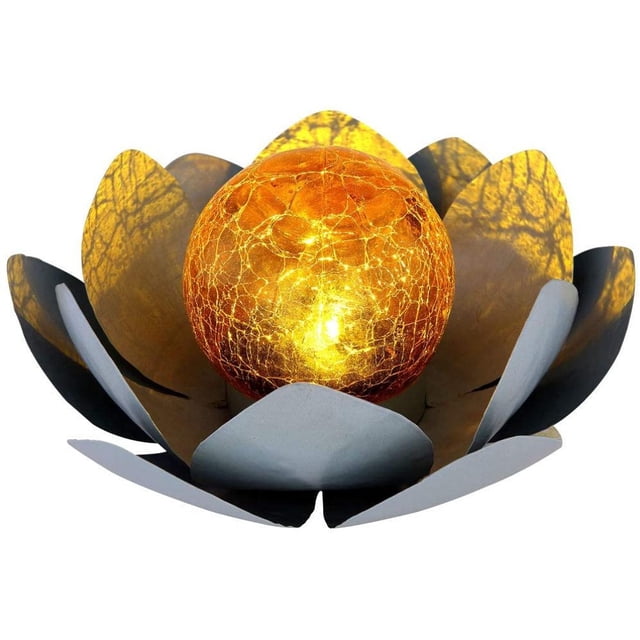 Buddha Garten Lotusblüte Deko Solar Lotusblüte für Außen Garten Deko Leuchten, Crackle Glas Metallblätter grau, 1x LED, D 25 cm Ormromra LKX-0664