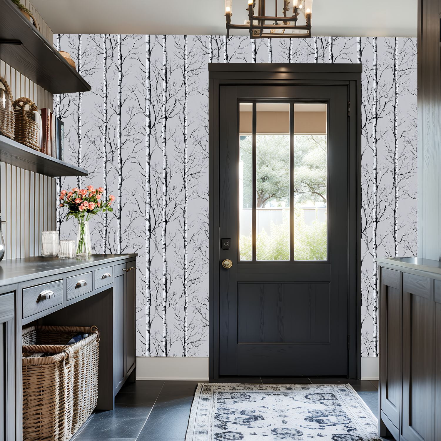 Peel and Stick Wallpaper 17.7in x 9.8ft Birch Trees Forest Black White Minimalist Nature Botanical Contact Paper Vinyl Waterproof Self Adhesive Wall Paper for Bedroom Shelf Cabinet Renter Friendly