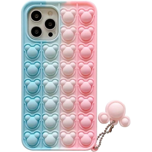 Funda de silicona Macaron compatible con iPhone XR, funda sensorial con burbujas de arcoíris y oso de dibujos animados con un bonito gancho para niñas y adolescentes (Macaron azul y rosa)