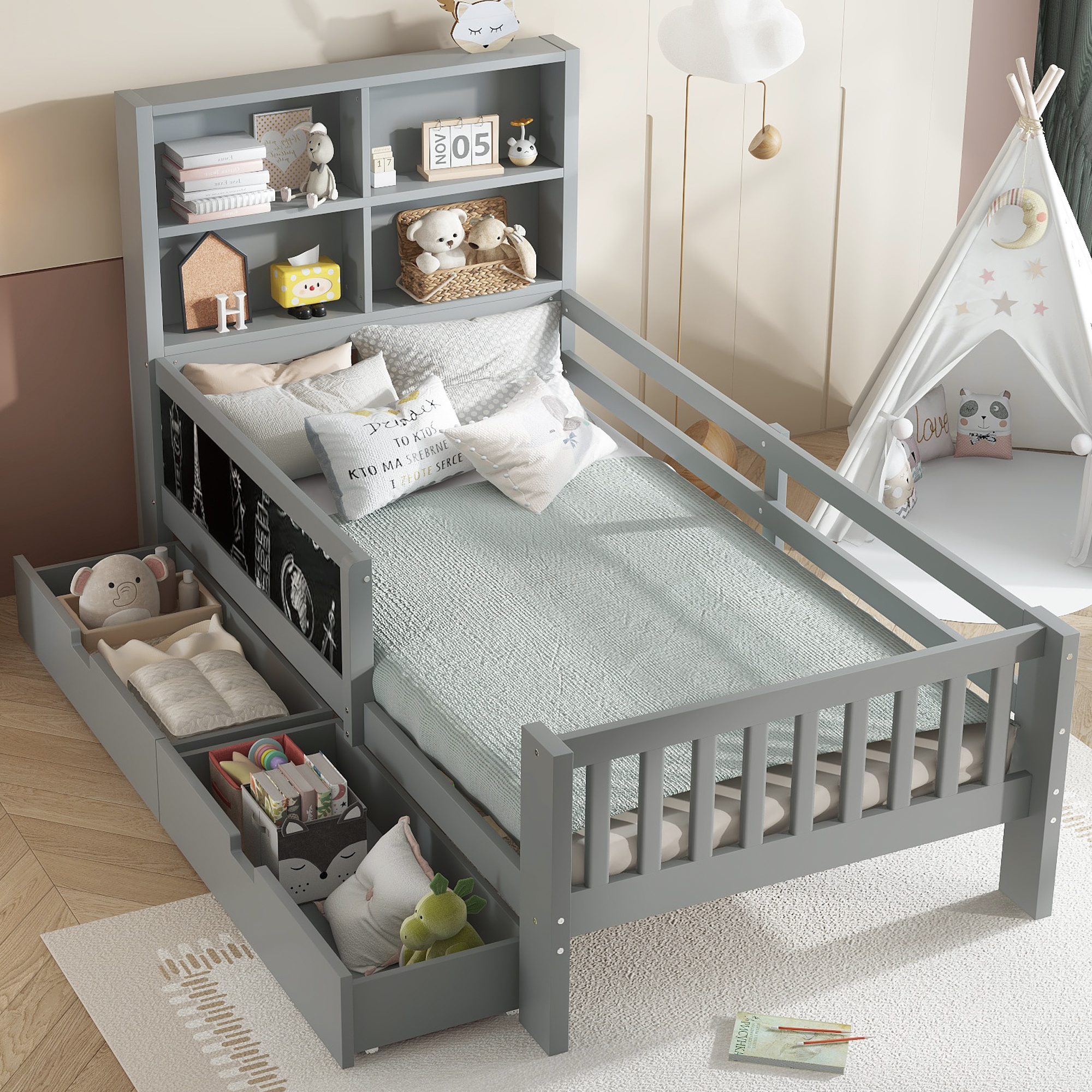 Yoneston Kids Twin Platform Bed with Storage Headboard and Chalkboard, Wood Platform Storage Bed with 2 Drawers & 4 Shelves for Boys Girls, Gray