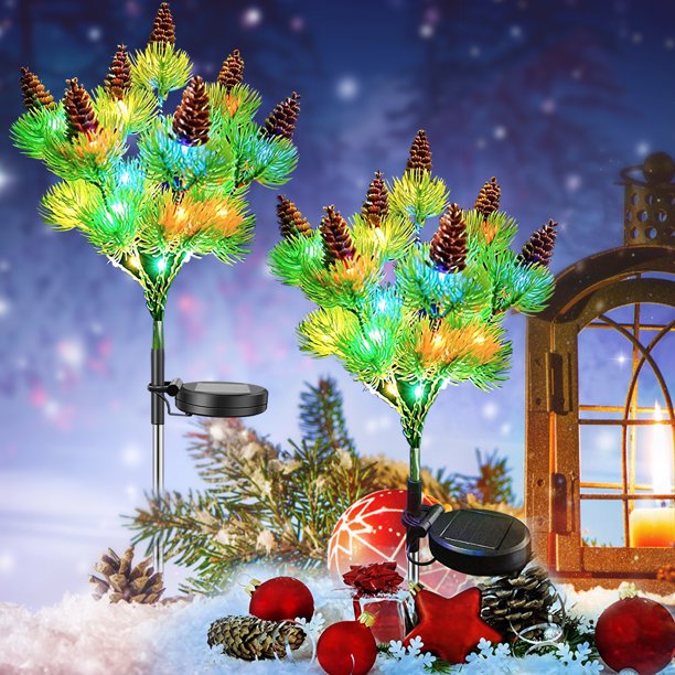 Motrke 2 Pack Solar Pine Lights LED Solar Christmas Tree Stake Lights