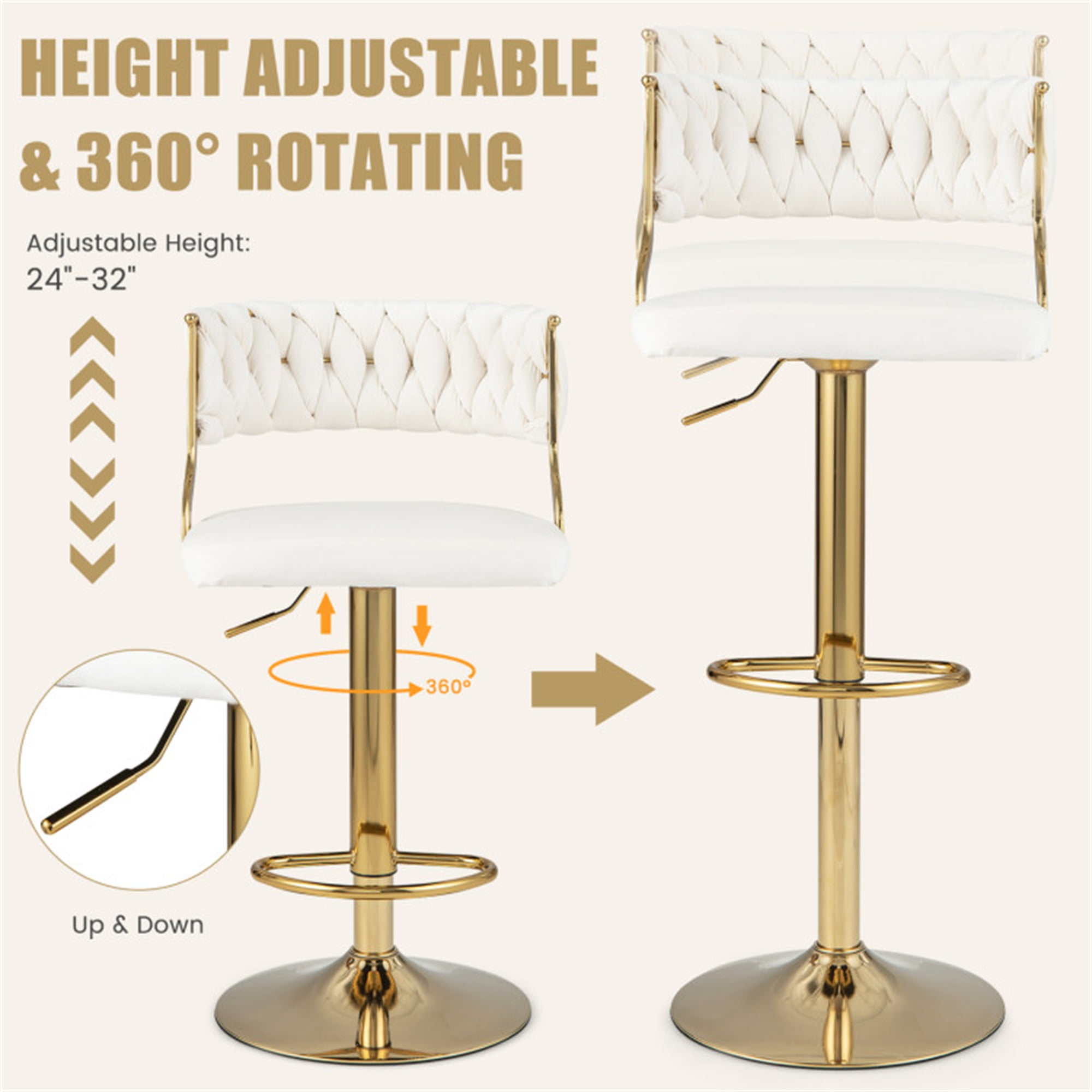 Demi Bonn Swivel Barstool with Woven Back Set of 2 for Kitchen Island Cafe Dining Chairs, White