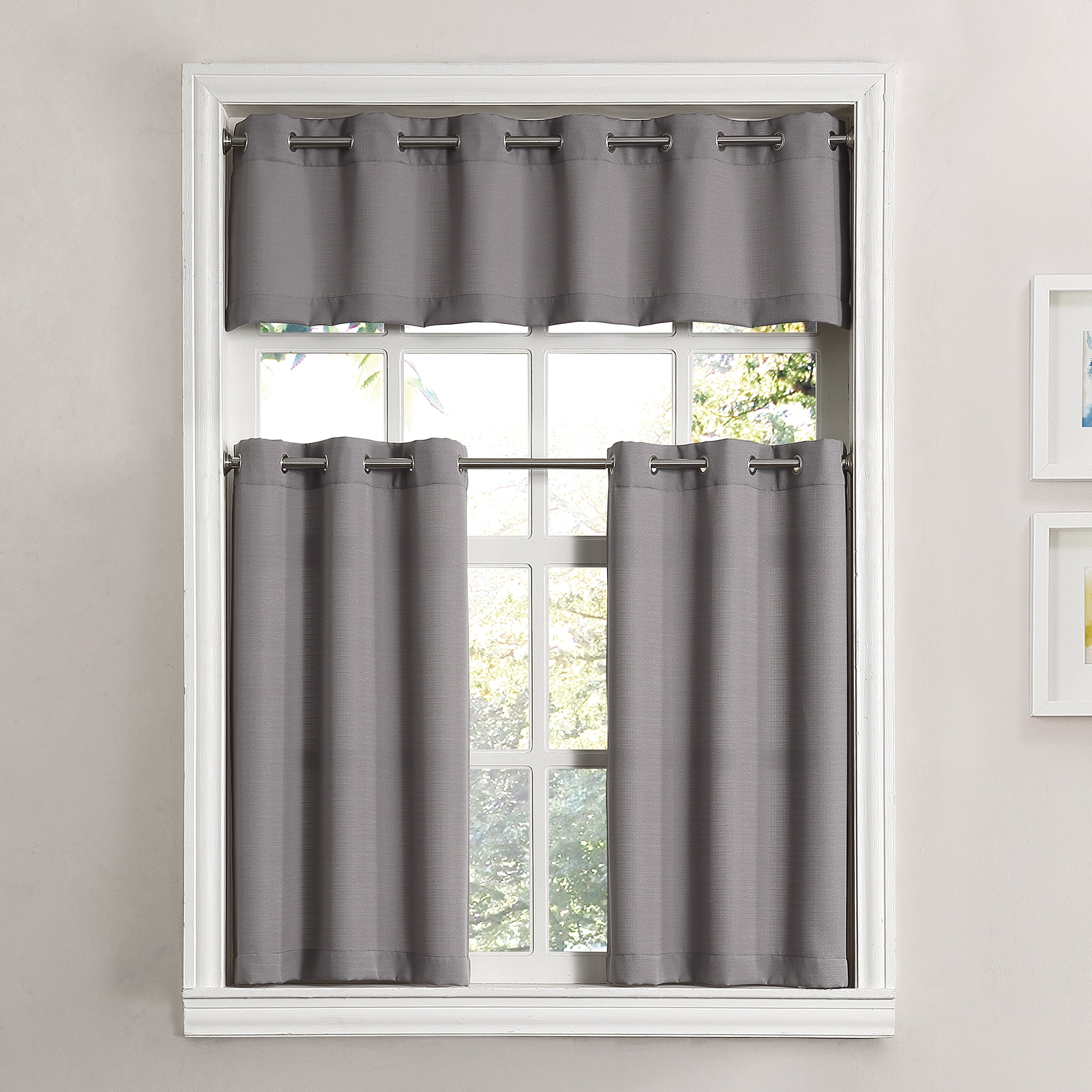 Mainstays Solid Grommet 3 Piece Kitchen Curtain Tier And Valance Set