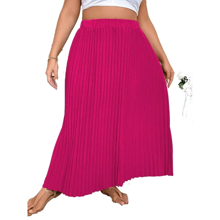 Casual Solid Pleated Skirt Hot Pink Plus Size Skirts