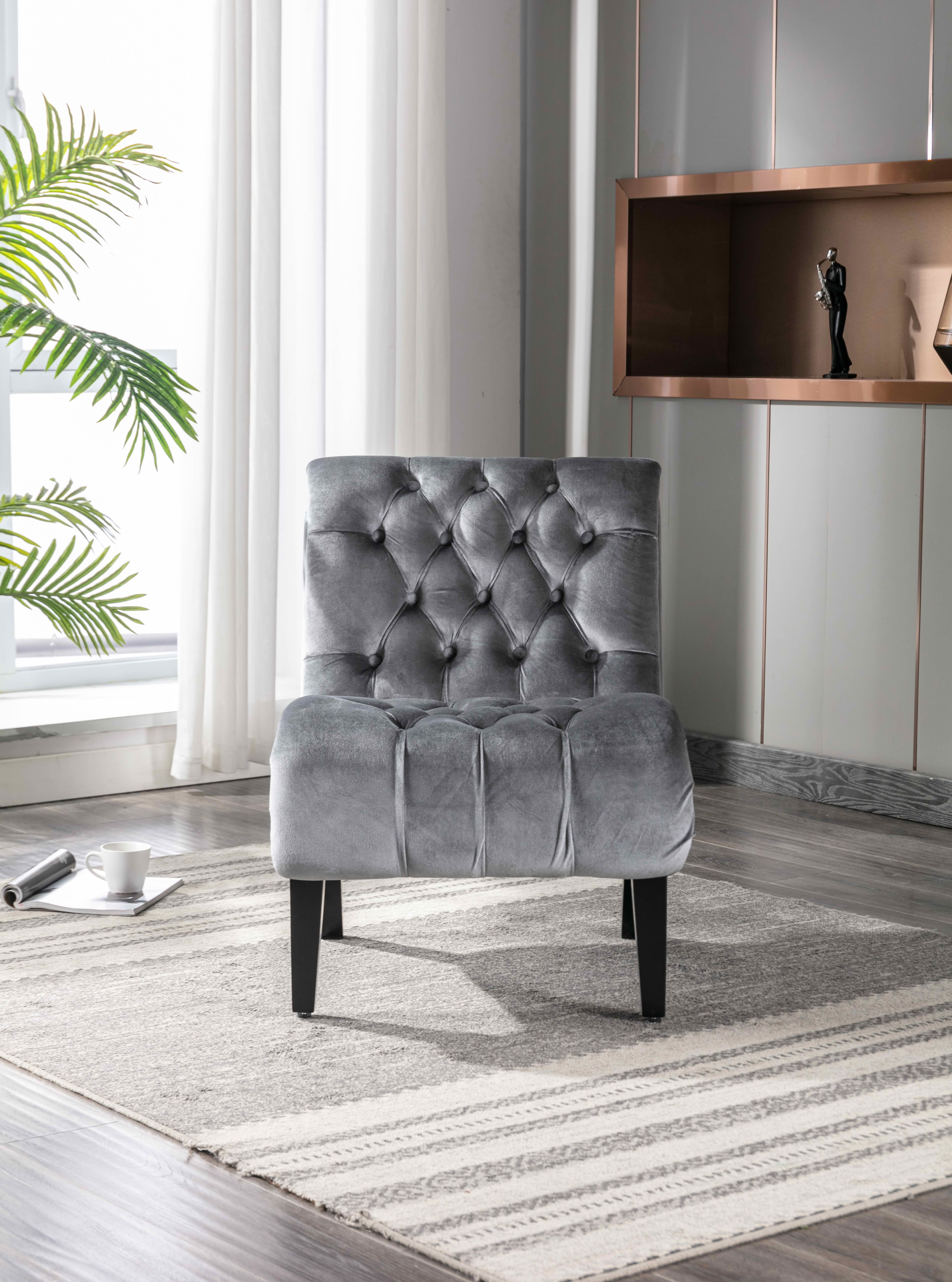 MAYEERTY 22.83-Inch Velvet Button Tufted Armless Accent Chair, Upholstered Leisure Side Chair with Wooden Legs for Bedroom Living Room Office
