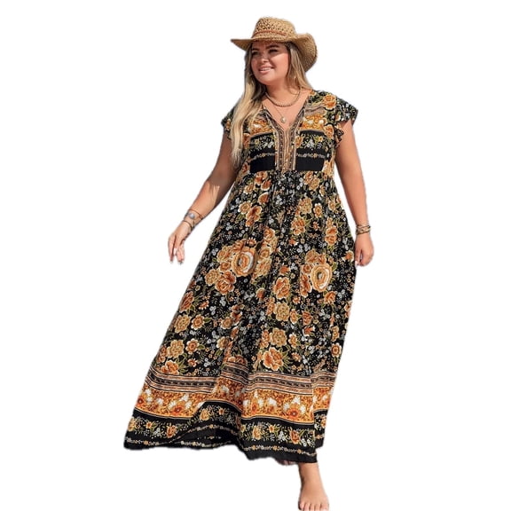 Women's Plus Size Printed V Neck Ruffle Cap Sleeve Maxi Dress Hundred Percent Viscose soft drape breathable everyday