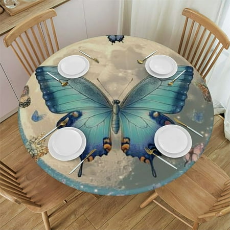 

SHERONV Butterfly Flowers Moon Round Table Cover Stain Resistant Washable for Indoor Outdoor Kitchen Dining Wedding Parties 100% Polyester Elastic Edge Full Width Single-Sided Printing 38 -42