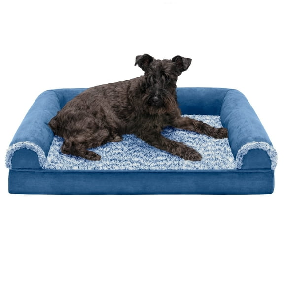 FurHaven Two-Tone Faux Fur & Suede Full Support Orthopedic Sofa Pet Bed for Dogs & Cats - Medium, Marine Blue