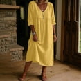thumbnail image 5 of SZJXBUY Linen Dress Women Casual Summer Dressy Baggy 3/4 Sleeve Midi Dress Elegant V Neck Beach Vacation Sundress with Pockets Yellow,XXL, 5 of 6