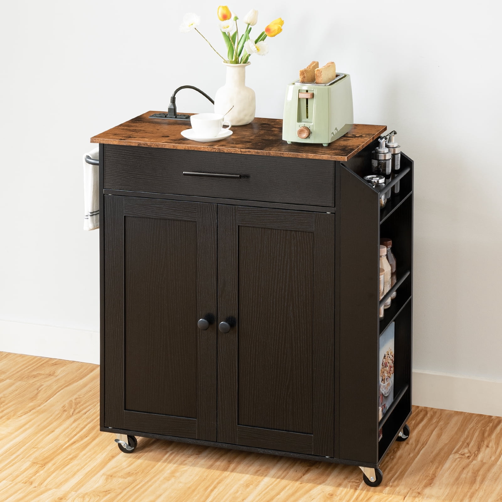 HOOBRO Kitchen Island with Power Outlet, Storage Island with Spice Rack and Drawer, Rolling Kitchen Cart on Wheels, for Home, Dining Room, Rustic Brown and Black BF82UZD01G1