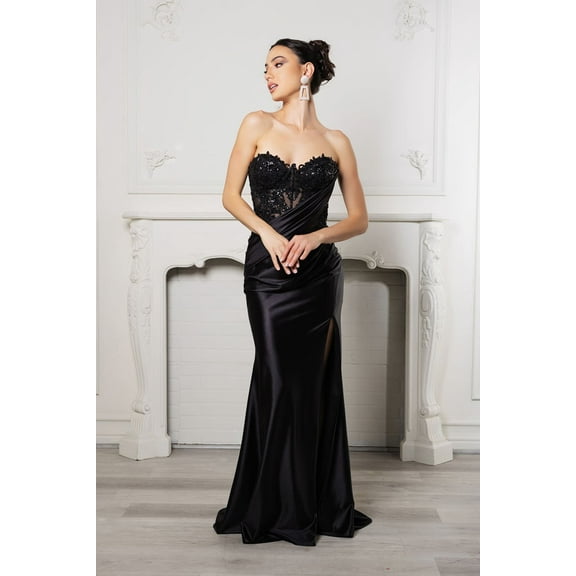 Royal Queen RQ8009 Juniors Womens Embellished One-Shoulder Slit Red Carpet Dress