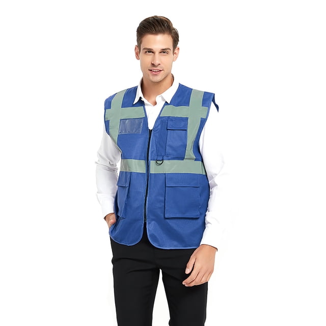 TOPTIE 5 Pockets High Visibility Safety Vest with Reflective Strips, Working Uniform Vest-Blue-3XL