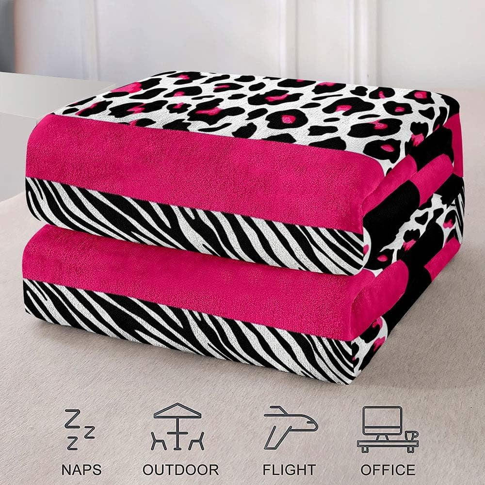 Hot Pink Leopard Throw Blanket, Cheetah Print Blanket, Black and White Zebra Print Blanket, Cozy Warm Lightweight Soft Fluffy Fuzzy Plush Flannel Fleece Blanket for Couch, Sofa, 50"x60"