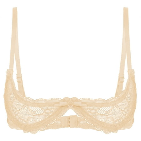 Moggemol Womens Sexy Lace Lingerie Bra 1/4 Cup Bralette Exposed Breast Underwear Unlined Underwire Nude XL