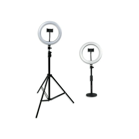 UPC: 0716408556246 | Set of Two (2) Height-Adjustable Stands with Pivoting LED Ring Lights and Universal Phone Holders