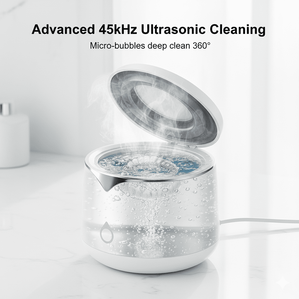 Professional 45kHz Ultrasonic Retainer Cleaner with UV Sanitizer - Portable Cleaning Machine for Aligners, Dentures, Mouth Guards, and Jewelry - 200ml, Dual Cleaning Modes, White
