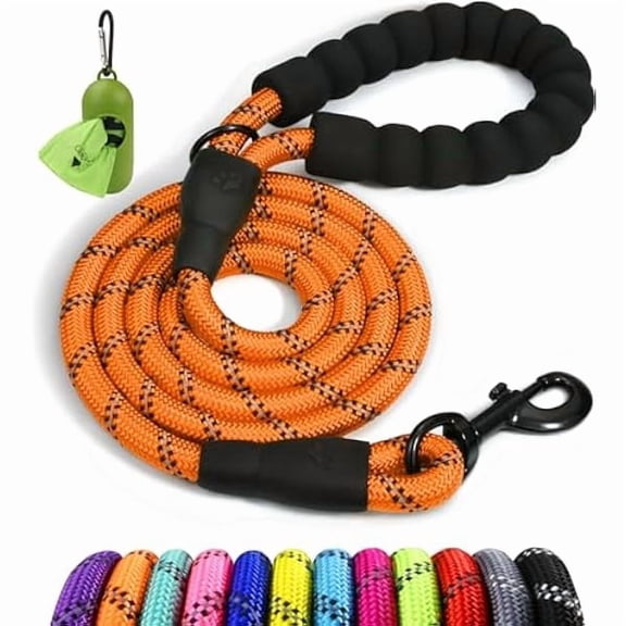 Eryueer Rope Dog Leash 5 FT with Comfortable Padded Handle, Highly Reflective Threads Leash and Anti-Tangle Clip for Walking Medium Large Dogs, 1/2 inch, Orange