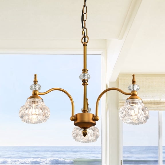 LovingAHome 3-Light Crystal Pendant Light Vintage Brushed Chandelier for Dining Room Bedroom, Gold
