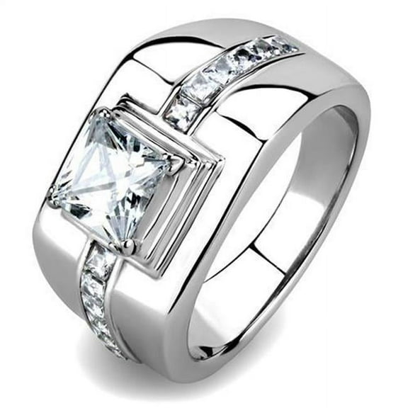 Men High Polished Stainless Steel Ring with AAA Grade CZ in Clear - Size 13