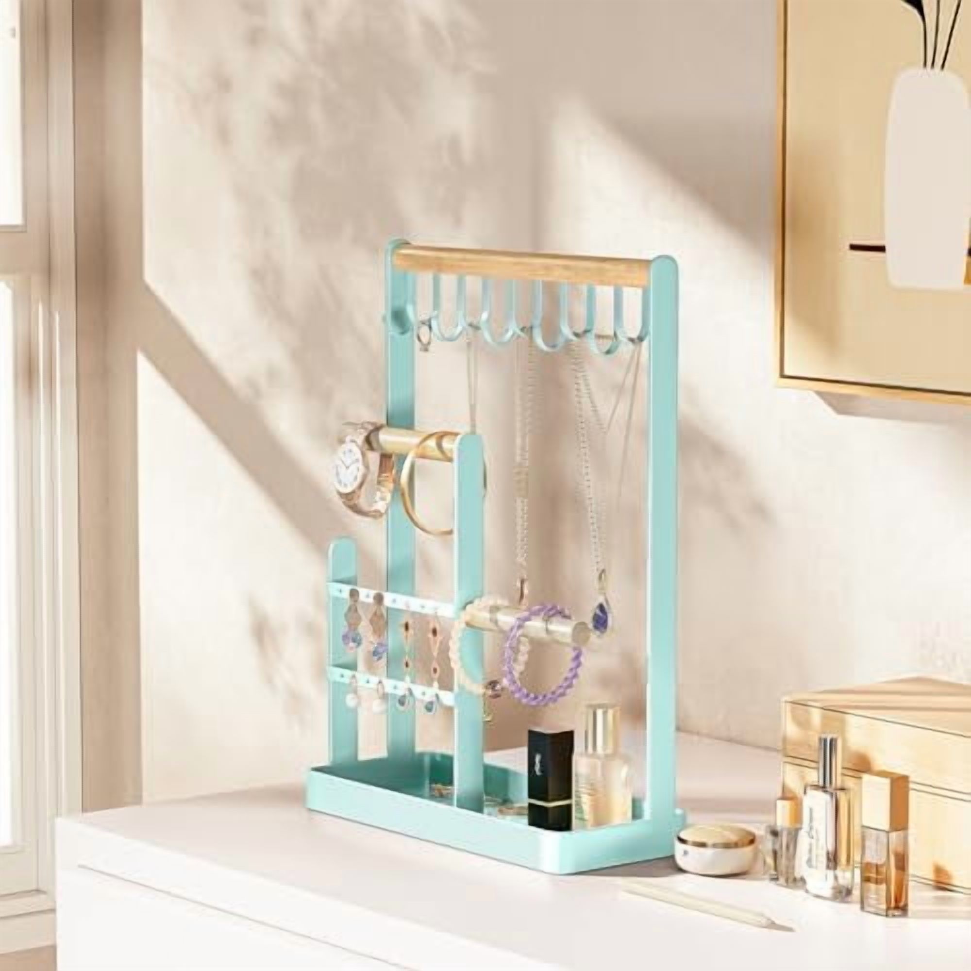 Jewelry Stand Holder Organizer, 4-Tier Necklace Holder with Ring Tray, 10 Hooks Necklaces Hanging Small Jewelry Display Storage Tower Tree for Bracelets Earrings Watches -Medium, Aqua