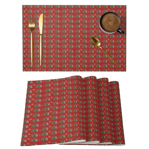 Xmas Tree Winter Snowflake Placemats Set of 6,Wipeable Washable Table Mats for Dining Tables, Christmas Trees on Red Place Mats for Kitchen Event Party Tabletop Decor