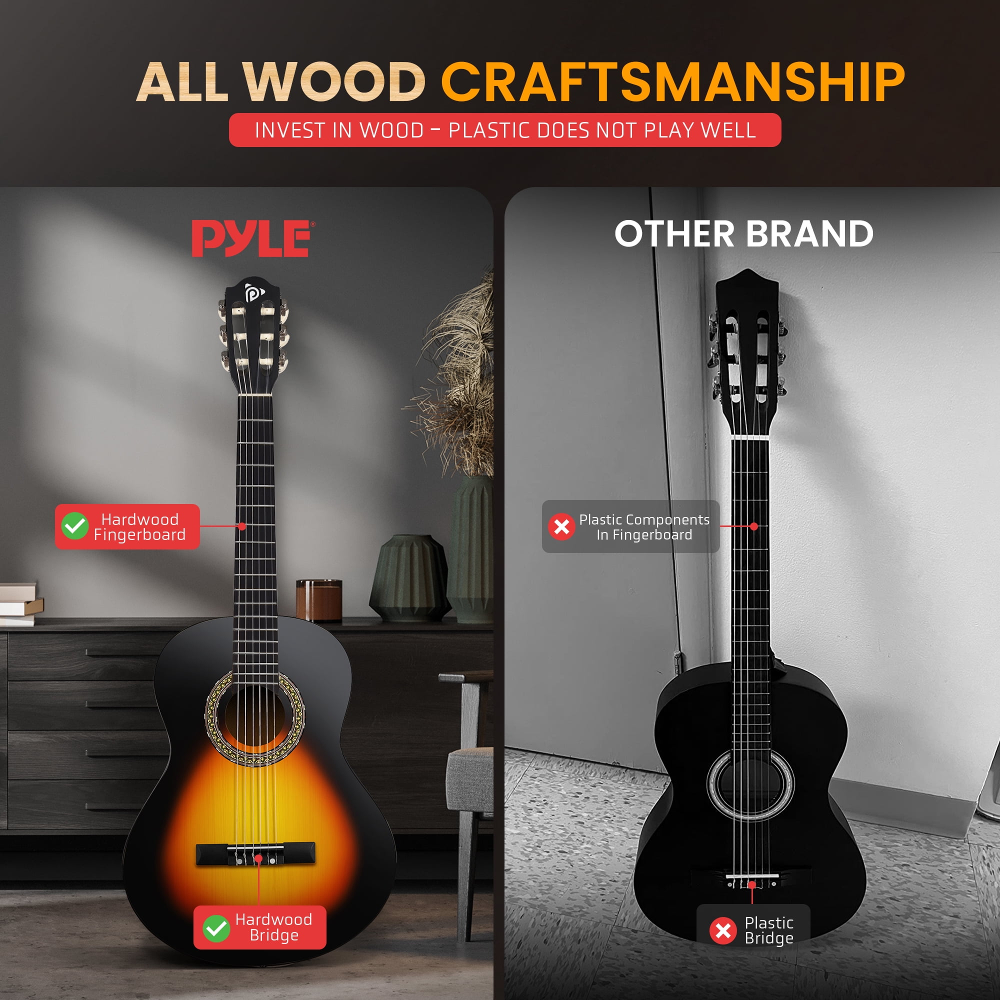 Pyle Beginner Acoustic Guitar Kit, 1/4 Junior Size All Wood Instrument for Kids, Adults, 30" Sunburst Teardrop Matte