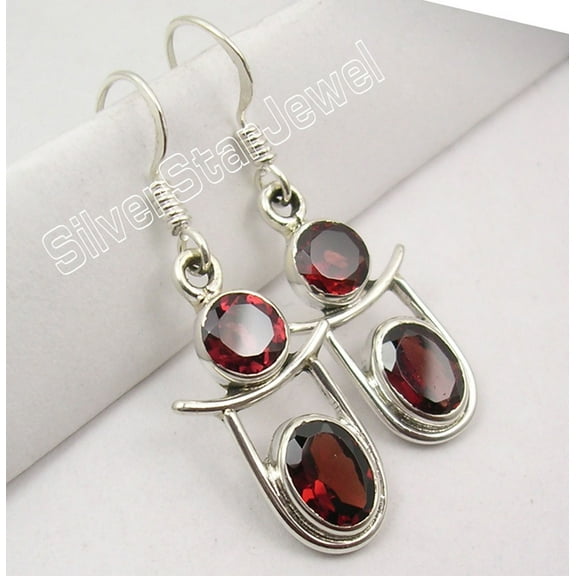 SilverStarJewel 925 Silver Genuine Red Cut Garnet 2 Stone Wonderful French Hook Earrings 1.5"