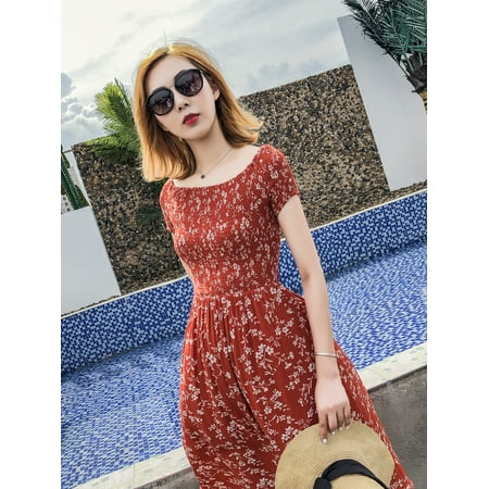 Ever-Pretty Women's Off Shoulder Sexy Floral Chiffon Long Maxi Party Vacation Summer Casual Beach Sun Dresses for Women 7117 US