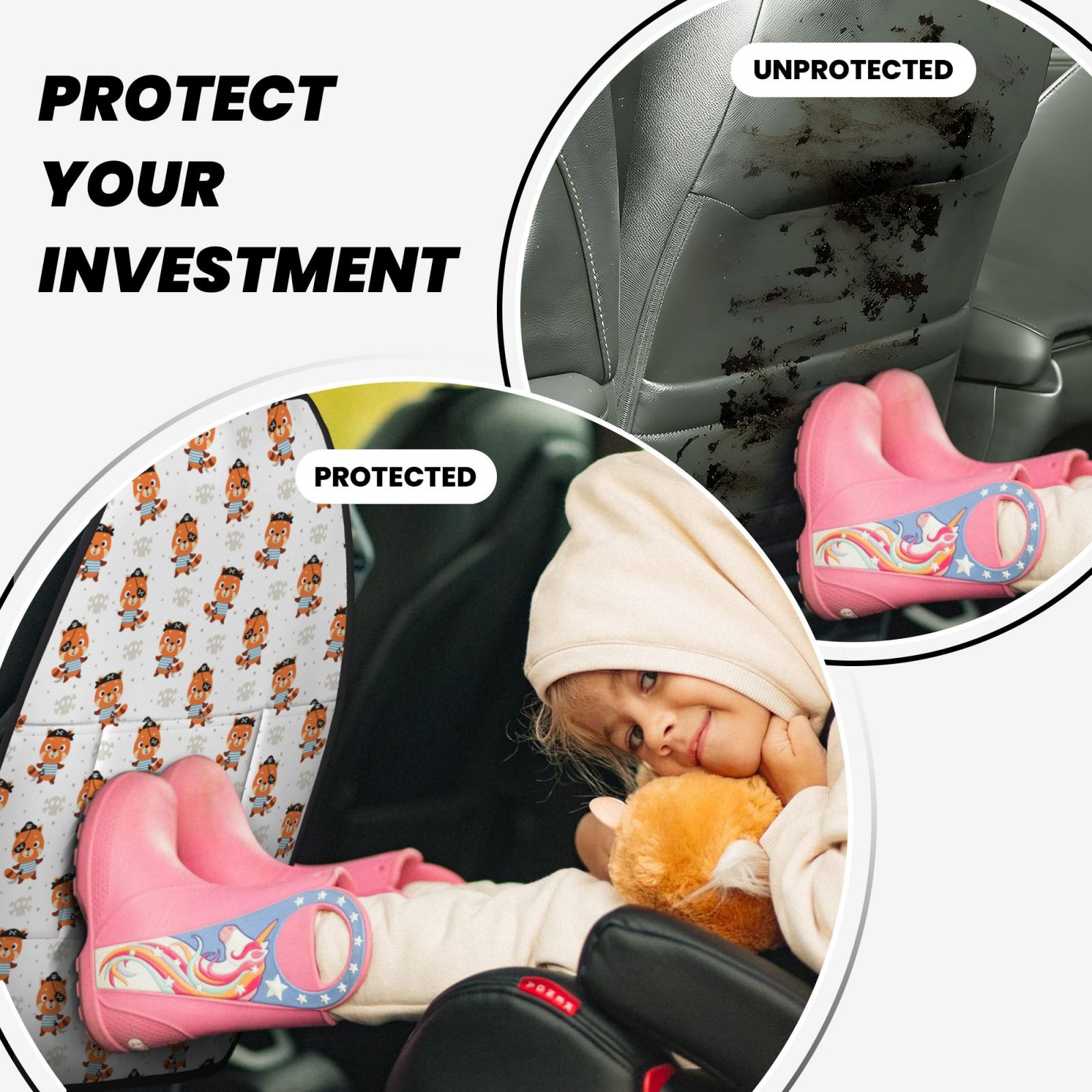 Xecao Cute Little Pirate Red Panda Pattern Car Seat Back Protector 2 Pack Large Capacity Pocket, Kick Mats Back Seat Protector