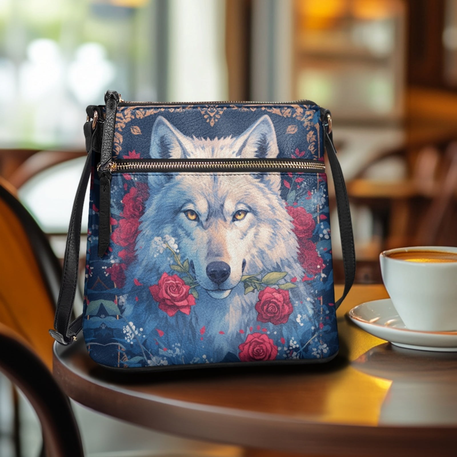 LedBack Wolf Print Leather Shoulder Handbags Crossbody Satchel Purse Zipper Pocket Hobo Bag with Adjustable Strap Multi Pockets, Blue