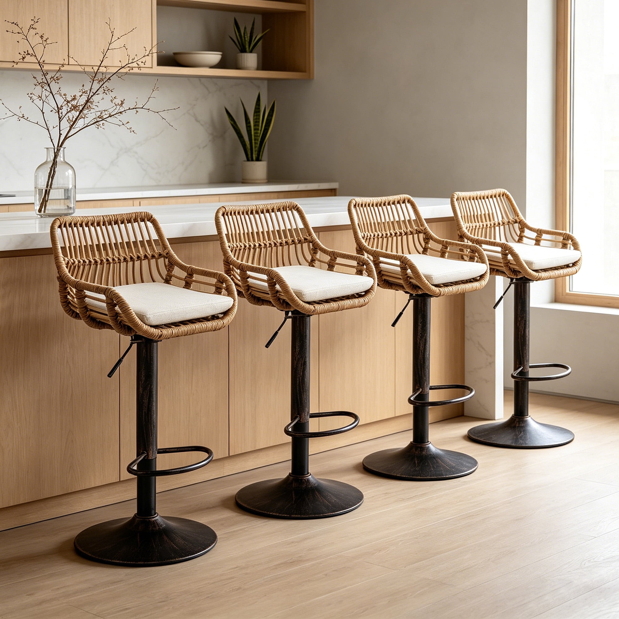 MOONMISS Swivel Bar Stools Set of 2, Modern Adjustable Counter Height Barstools with Back, Rattan Bar Chairs with Cushions & Metal Footrest, Pub Stools for Kitchen, Bar, Dining Room,Beige
