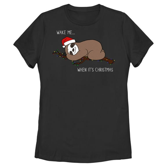 Women's Lost Gods Christmas Wake Me Sloth  Graphic Tee Black X Large