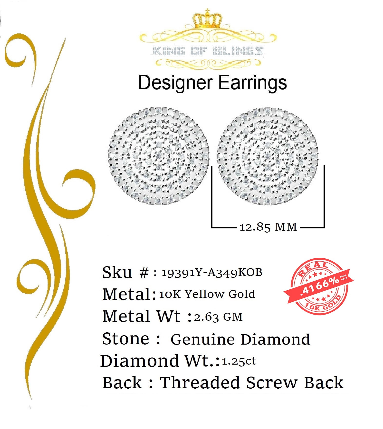 King of Bling's 10K Real Yellow Gold Real Diamond 1.25CT Men's/Women's Stud Round Earring