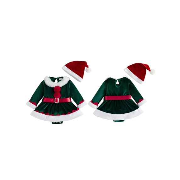 RUINIXCW Newborn Baby Girl Christmas Outfit Velvet Romper Dress Xmas Santa Elf Dress Infant Baby Girl Fall Winter Plush Trim Long Sleeve Dress Belt Hat