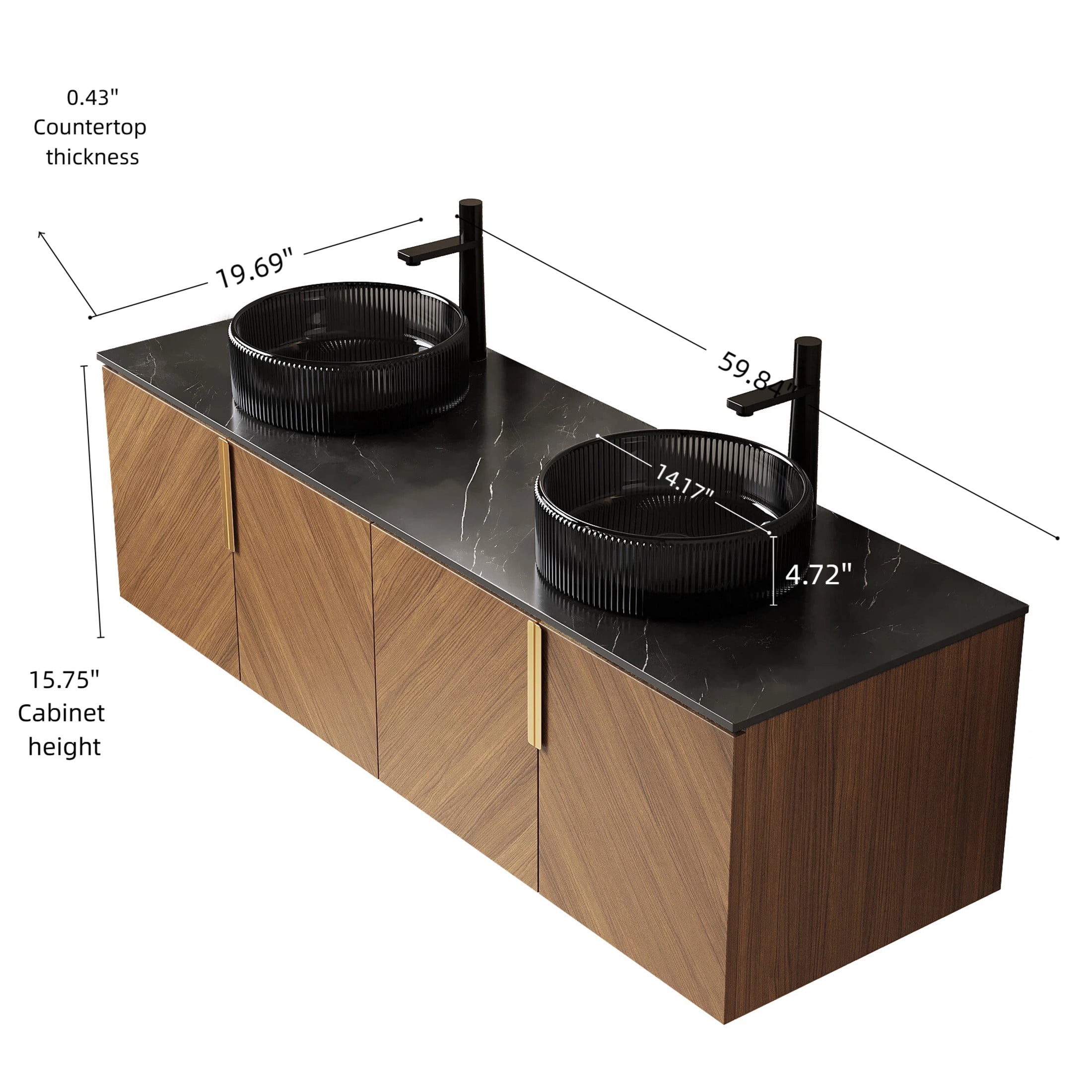 Noble House ARAI 60" Floating Double Bathroom Vanity, Sintered Stone Top Cabinet with Dual Black Glass Sink, Oak