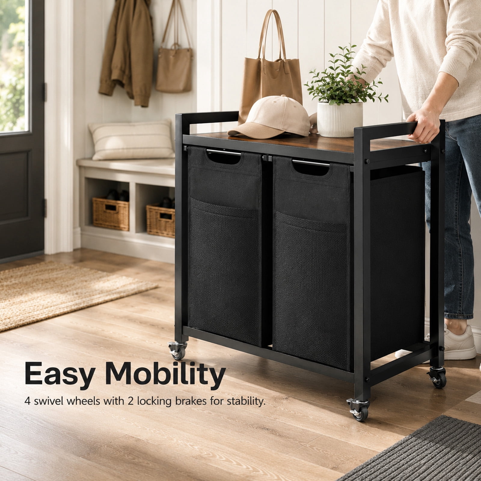 Alvantor Laundry Hamper 2/3 Section, 2 × 11.2 Gal (42.5 L)/3 × 8.6 Gal (32.5 L), Rolling Laundry Basket, Pull-Out and Removable Oxford Fabric Laundry Bags