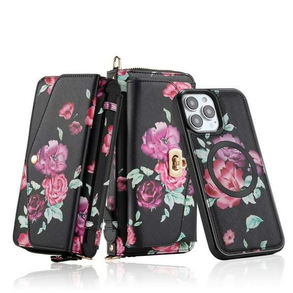 For iPhone 13 Pro Max Wallet Case - Magnetic Detachable Back Case with RFID Blocking Card Holder, Hand Strap & Crossbody Strap, Floral Flower PU Leather Flip Cover Case for Women Girls, 5 Color