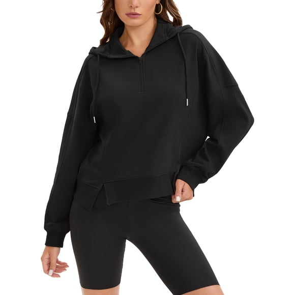 Sudadera recortada de mujer ATHLECHIC, sudaderas oversized con aberturas laterales, media cremallera, atuendos de otoño, XL, negra