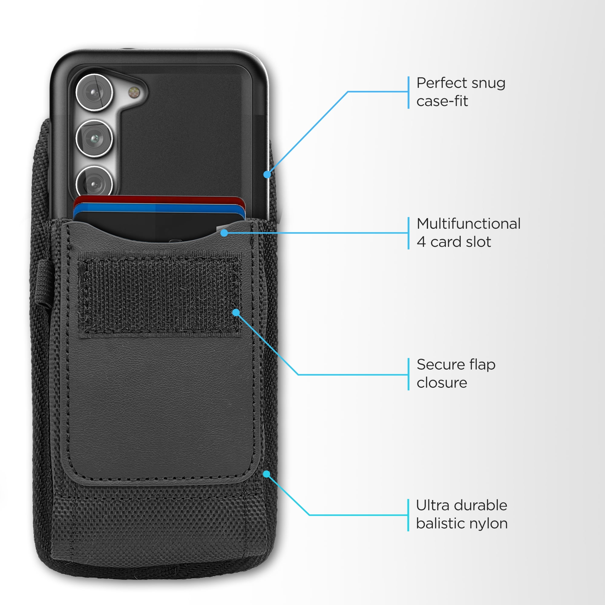 Encased Phone Pouch with Shockproof Case for Samsung Galaxy S23 PLUS - Rebel Armor with Ballistic Nylon Carrying Holster (Black)